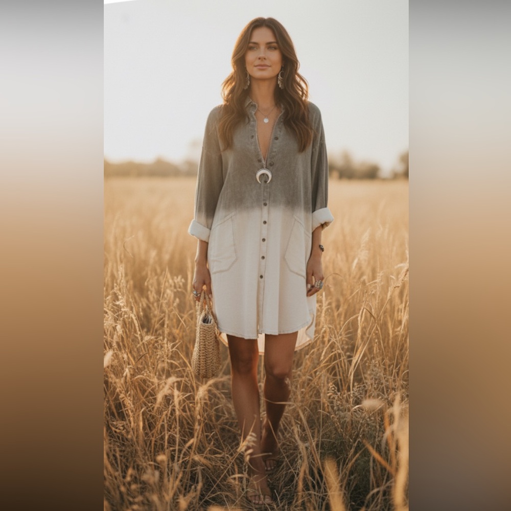 Peach Love California Frayed Edge Gray Ombre Corduroy Shirt Shacket Dress Large